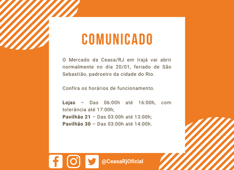 Comunicado informando que as lojas da Ceasa em Irajá funcionarão normalmente no Dia de São Sebastião (20/1)